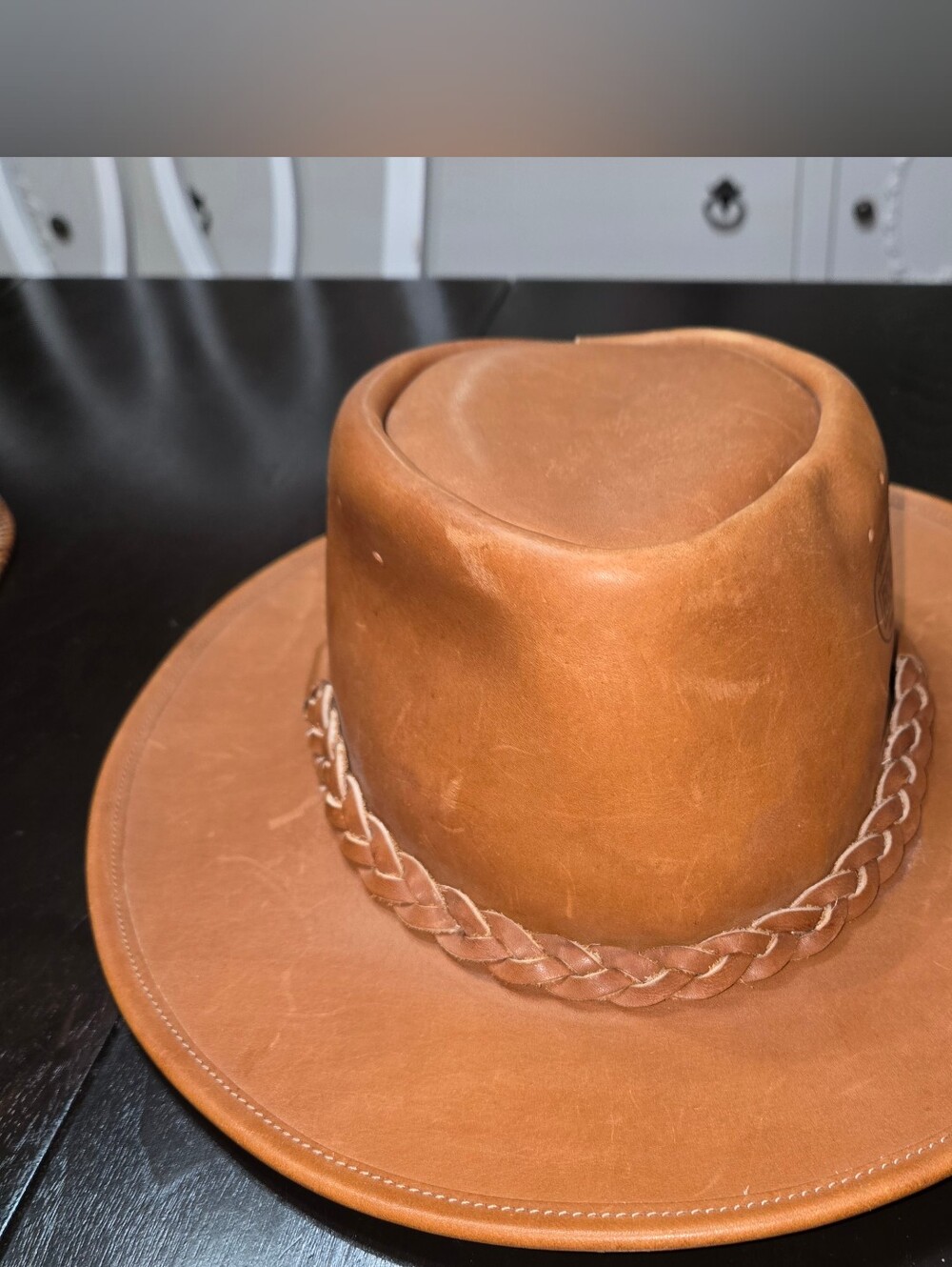 Men's Leather Ranchers Hat in Tan with Braided Band